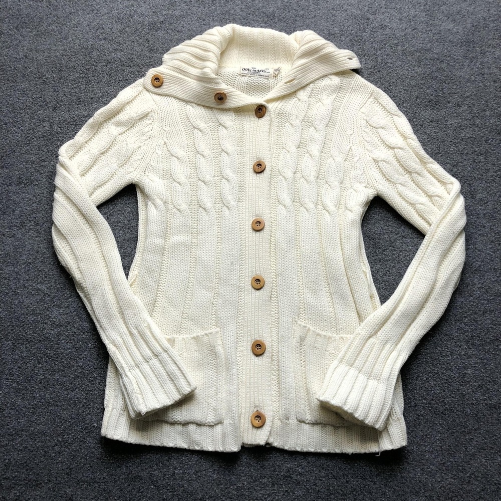 Vintage Merville Cardigan Sweater Womens Large White Cable Turtleneck Pockets